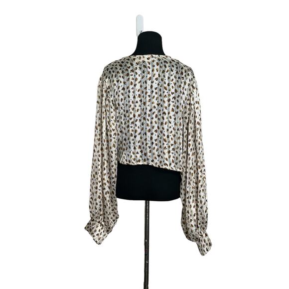 Saints & Hearts Cream brown print wrap front tie sleeves blouse size Medium - Picture 2 of 15